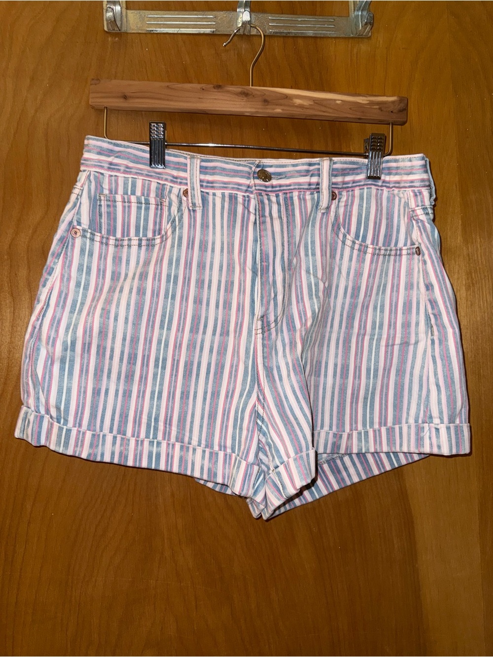 American Eagle Outfitters Vertical Stripe High-Rise Shorts — Pink & Blue